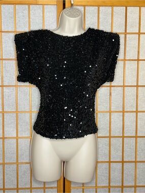 Black Sequin Short-Sleeve Crop Blouse